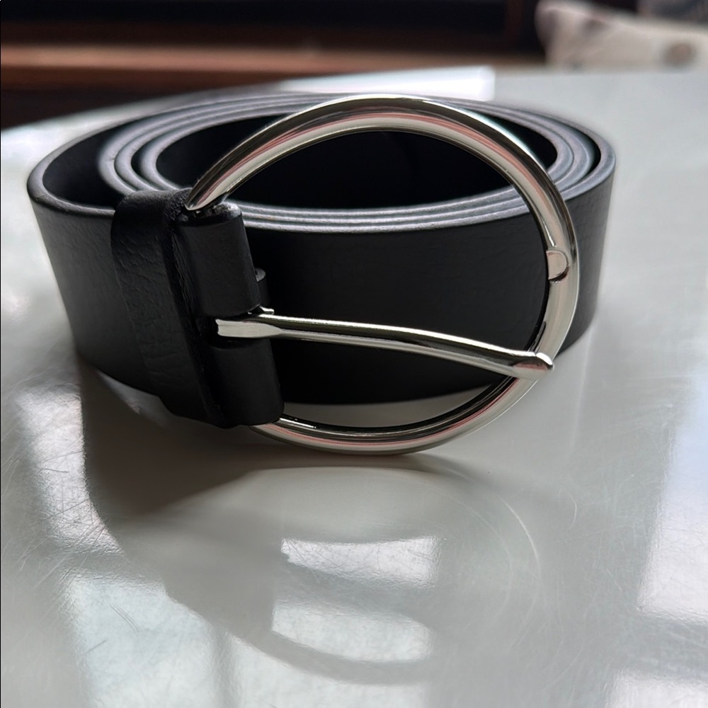 Women’s Black Leather Belt with Silver Buckle